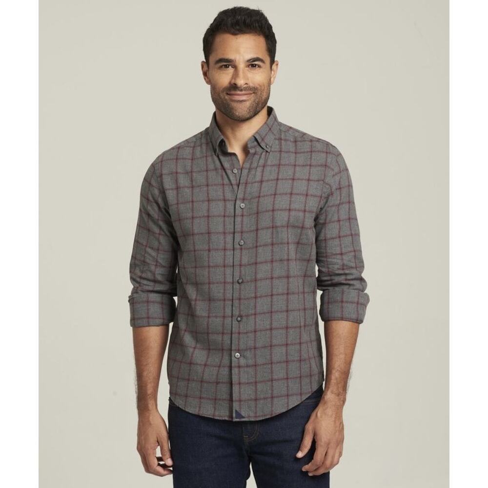 UnTuckIt Men’s Casual Dark Gray/Red Plaid Button Down Shirt 100% Cotton- Sz L